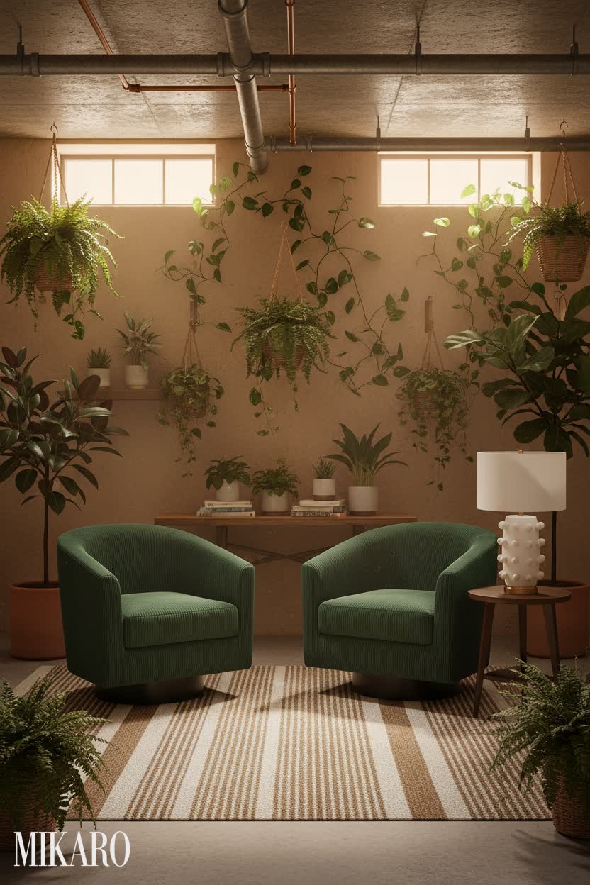 Urban Jungle: Cozy Basement Vestibule Oasis with Green Accents