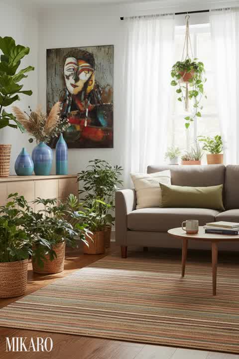 Urban Jungle: Earthy Stripes & Artful Blue Tones Living Room