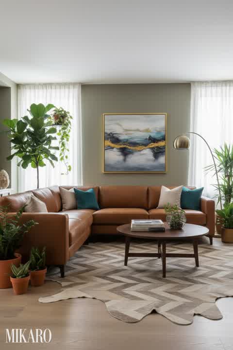 Urban Jungle Living Room: Cognac Leather Sectional, Cowhide Rug, & Abstract Art Oasis