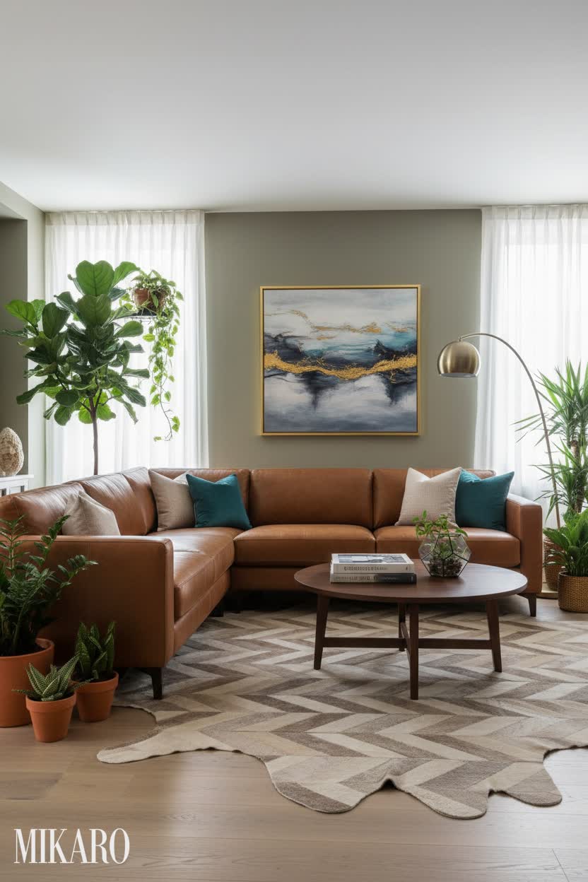 Cognac leather sofa with cowhide rug in a plant-filled living room