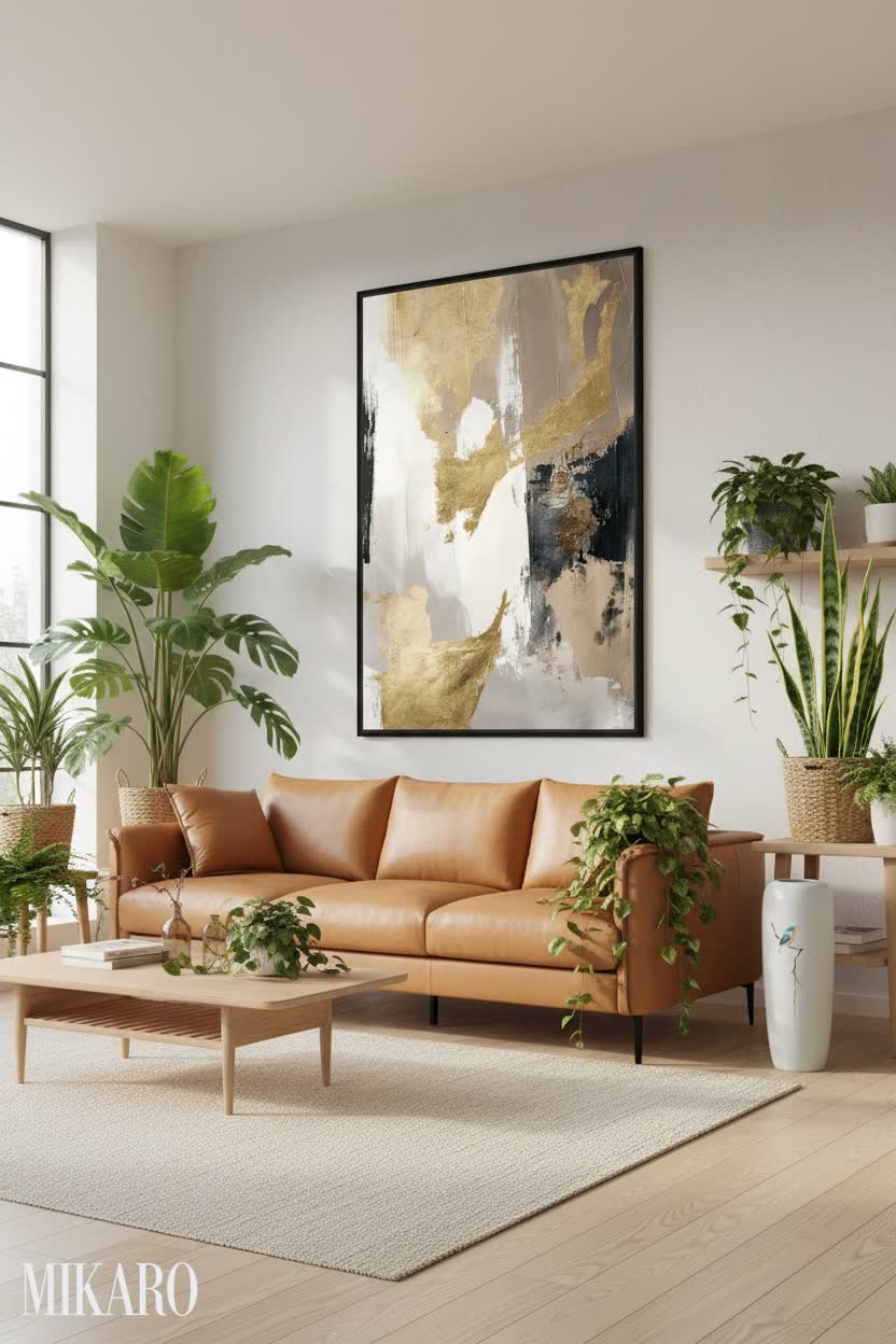 Urban Jungle Living Room: Cognac Leather Sofa, Abstract Art & Greenery Oasis