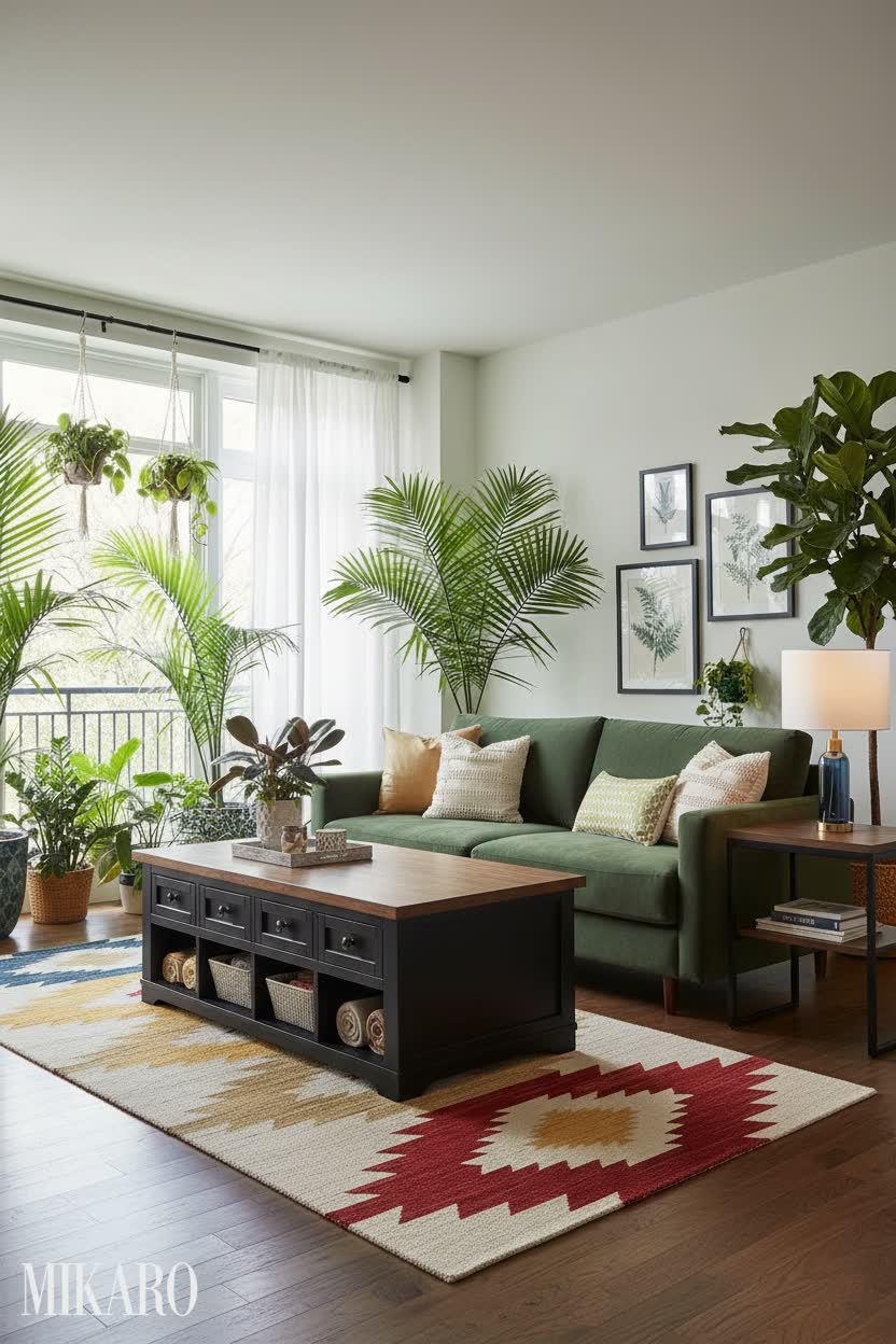 Urban Jungle Living Room: Farmhouse Coffee Table, Boho Rug & Modern Lamp Inspiration