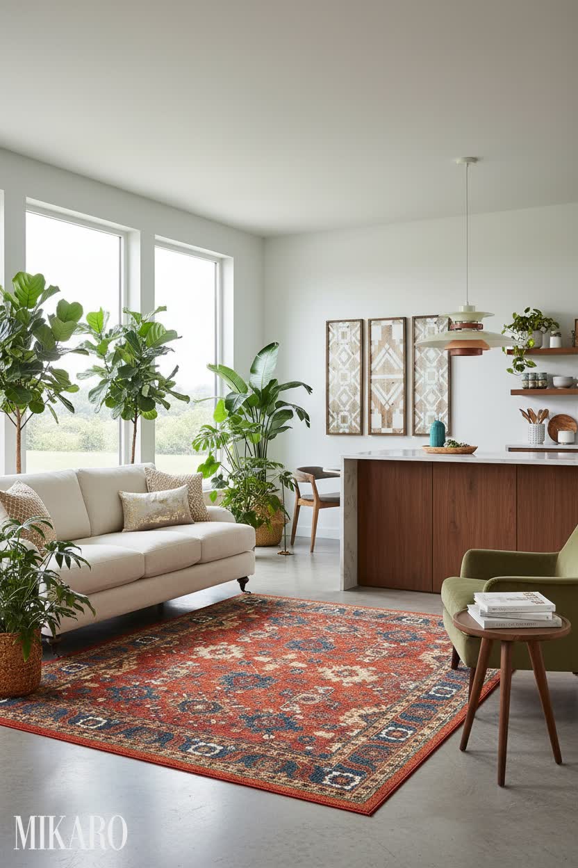 Urban Jungle Living Room & Kitchen Island Decor: Vintage Rug, Modern Pendant & Natural Wall Art