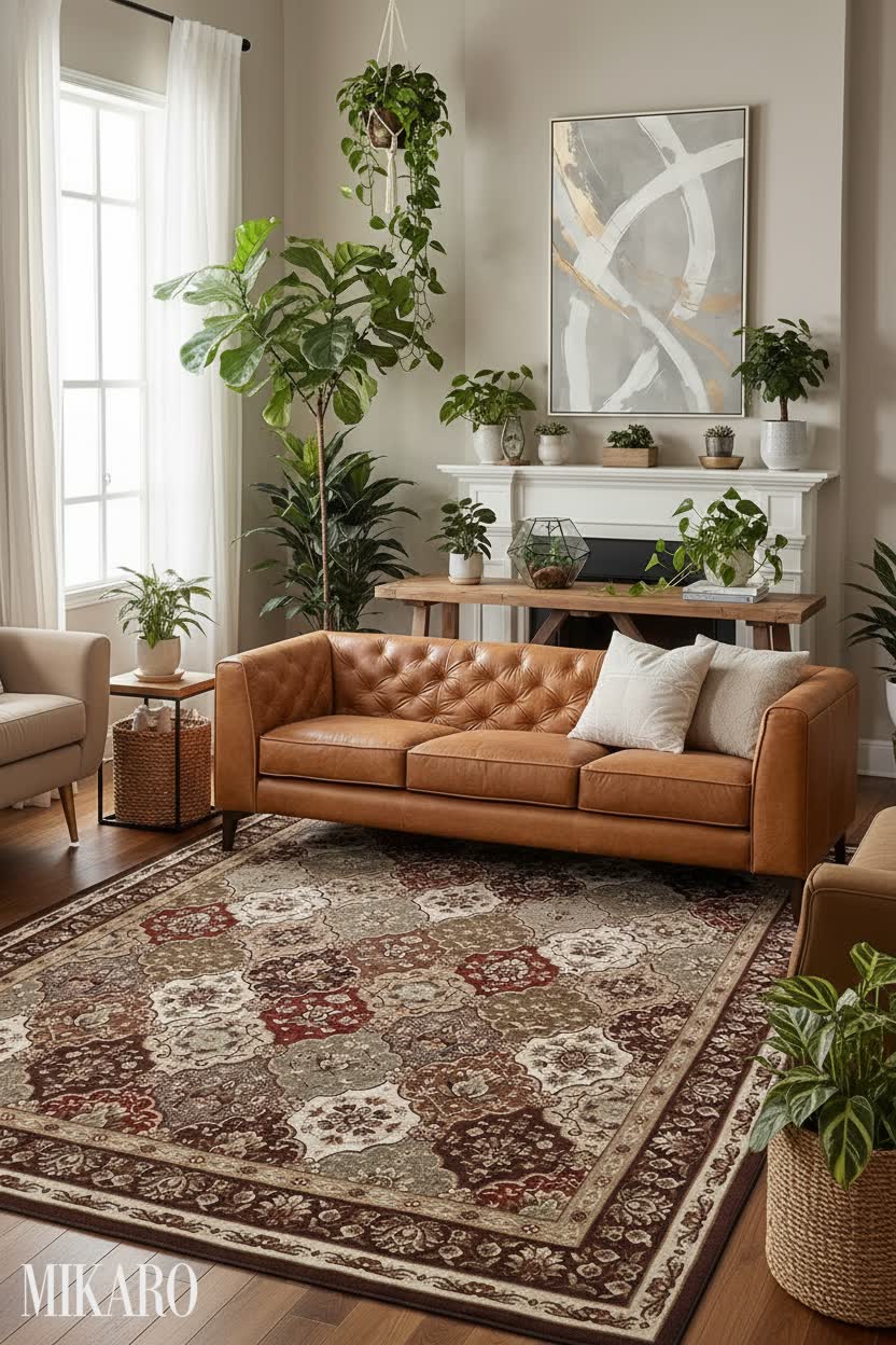 Urban Jungle Living Room: Leather Sofa, Floral Rug & Modern Art – A Lush Home Sanctuary