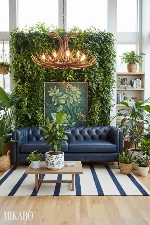 Urban Jungle Living Room: Midnight Blue Sofa, Antler Chandelier & Marble Plant Pot