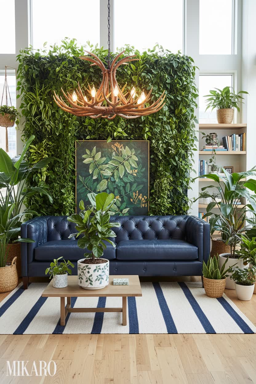Urban Jungle Living Room: Midnight Blue Sofa, Antler Chandelier & Marble Plant Pot