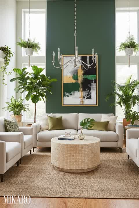 Urban Jungle Living Room: Modern Chandelier, Gold Capiz Coffee Table, Green Abstract Art