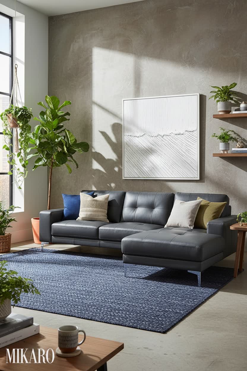 Urban Jungle Living Room: Modern Comfort & Serenity with Blue Jute Rug & Sofa