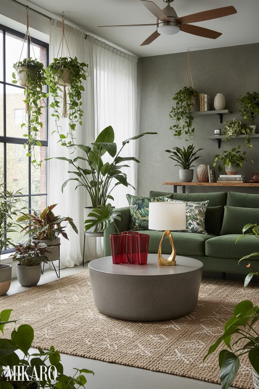 Modern urban jungle living room with concrete coffee table and golden lamp