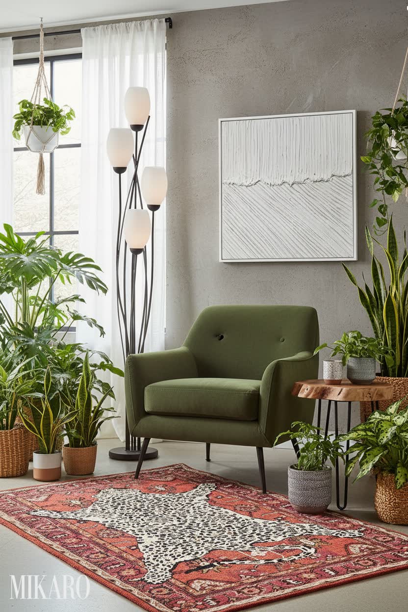 Urban Jungle Living Room: Modern Cottage Lamp, Leopard Rug & Serene Art Decor Idea