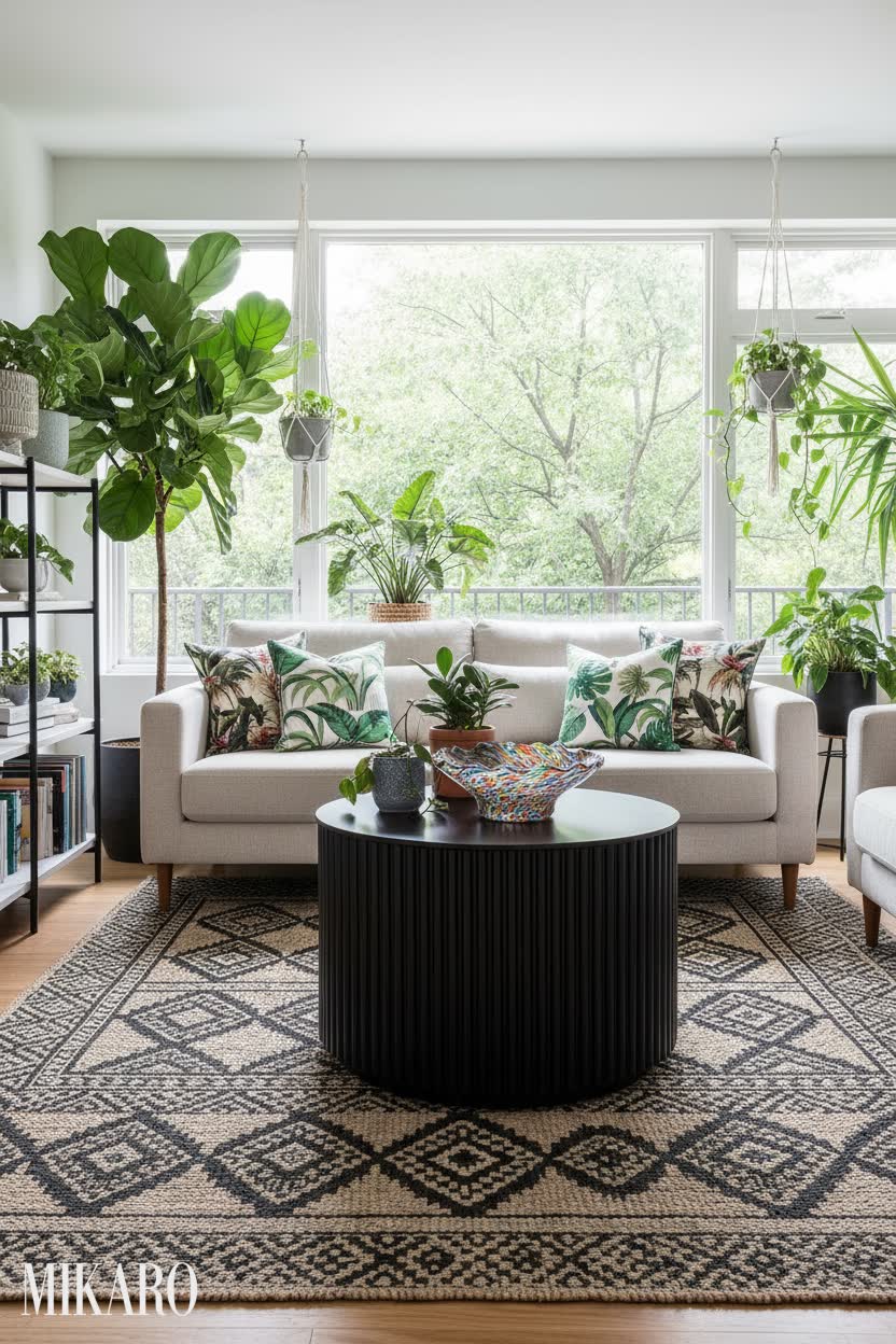 Urban Jungle Living Room: Modern Fluted Coffee Table, Jute Rug & Murano Glass Decor