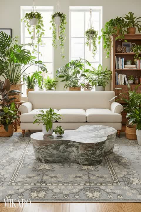 Urban Jungle Living Room Oasis: Tufted Wool Rug, Marble Coffee Table & French Country Sofa