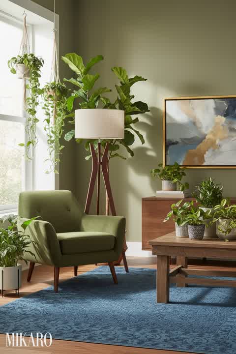 Urban Jungle Living Room: Serene Retreat with Adesso Lamp, Abstract Art & Navy Rug