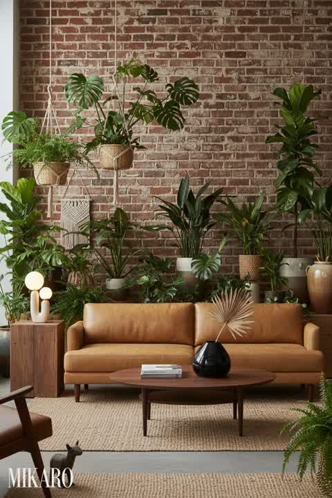 Urban Jungle Living Room: Sienna Leather & Lush Greenery