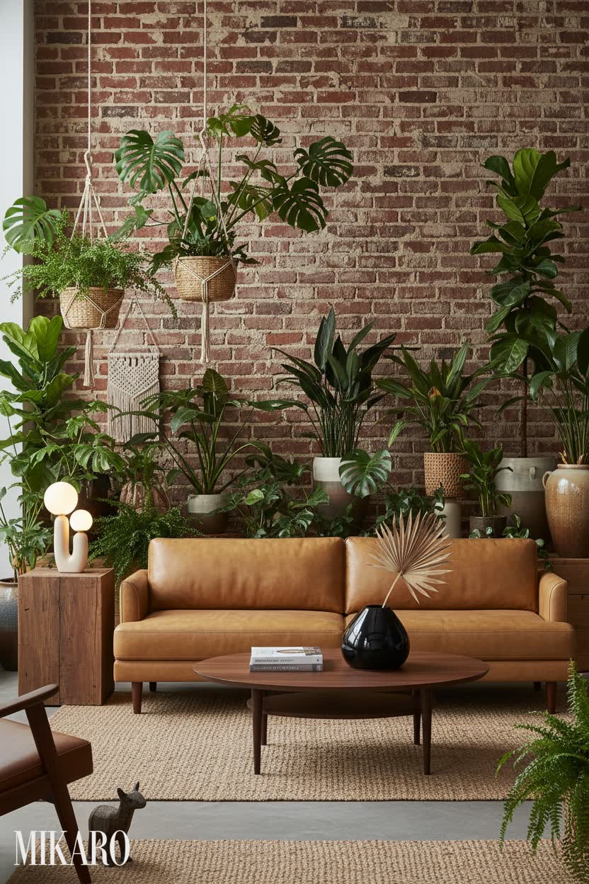Urban Jungle Living Room: Sienna Leather & Lush Greenery