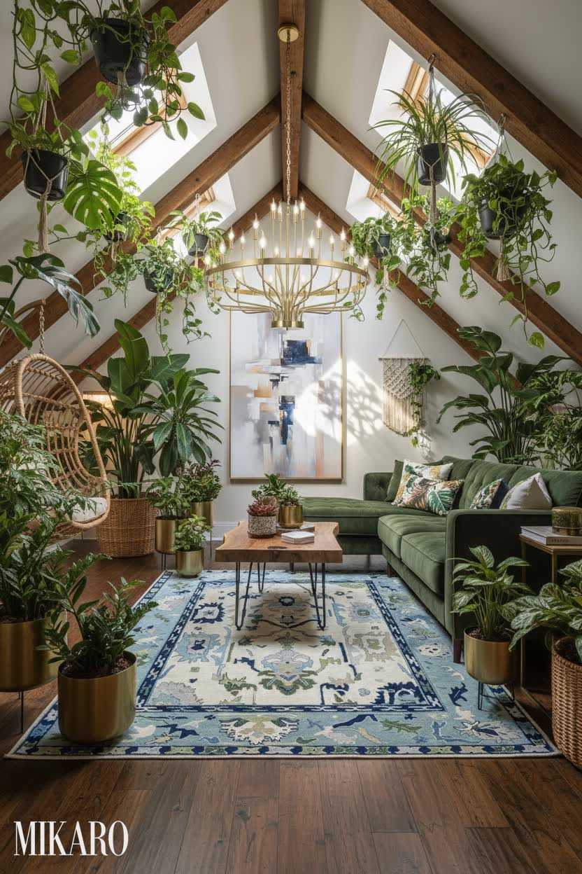 Urban Jungle: Lush Attic Lanai with Exposed Beams & Chic Furnishings