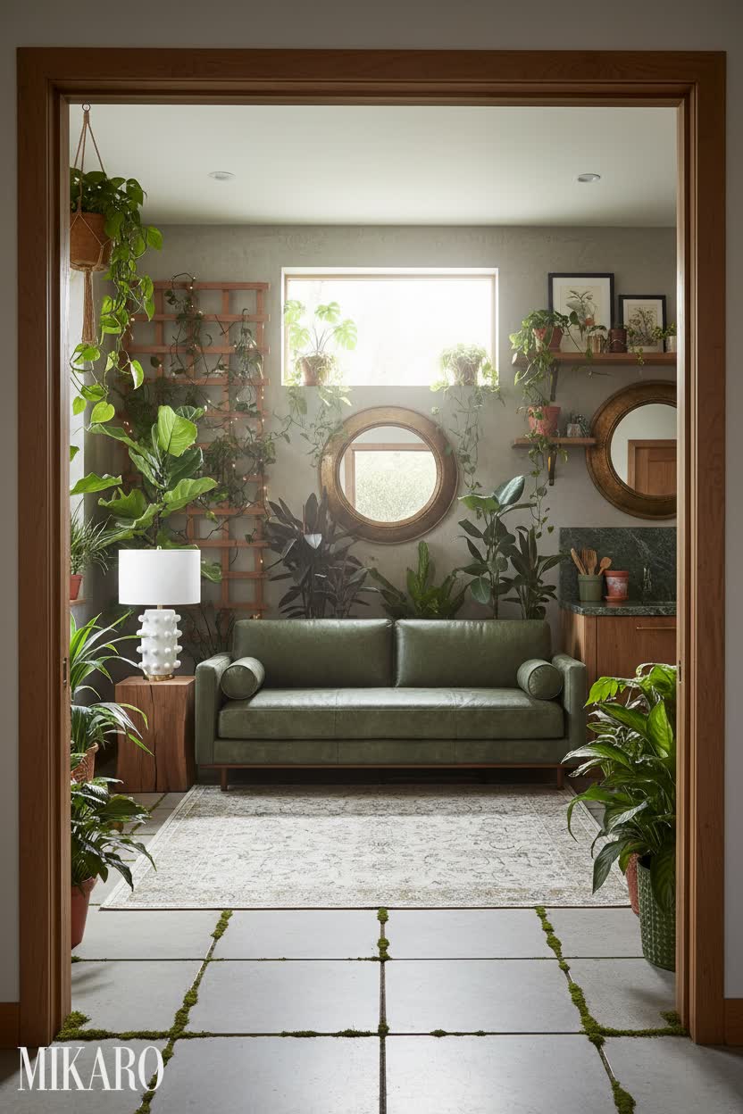 Urban Jungle: Lush Green Retreat with Mid-Century Modern Sofa