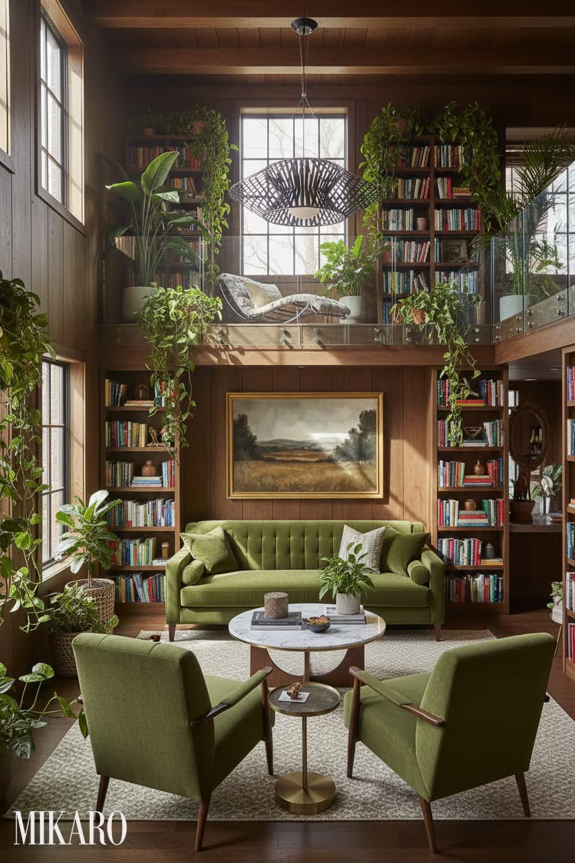 Urban Jungle: Lush Library Oasis with Mezzanine and Natural Light