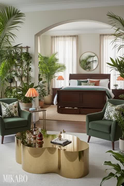 Urban Jungle Oasis: Gold Cloud Coffee Table, Dimmable Lamps & Sleigh Storage Bed Interior Design
