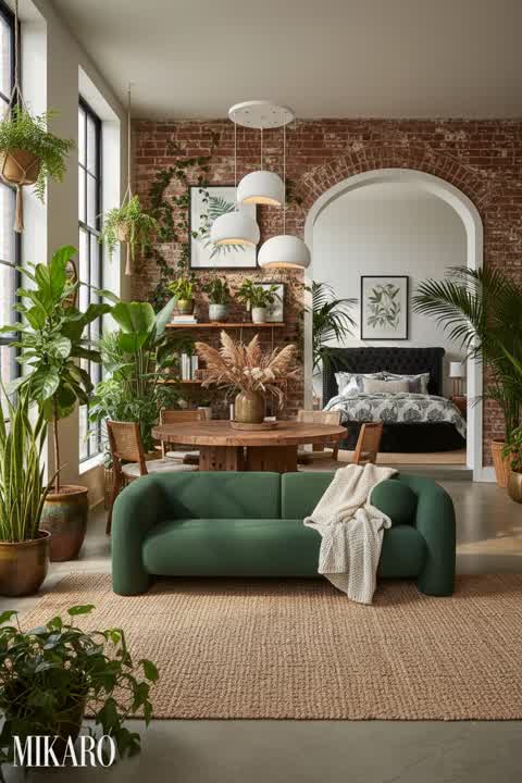 Urban Jungle Oasis: Green Boucle Sofa, Wabi-Sabi Chandelier & Velvet Storage Bed Luxury