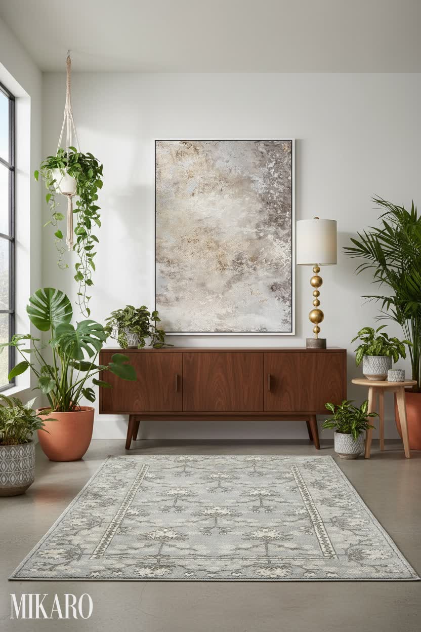 Luxurious living room with gold lamp, grey wool rug and botanical wall art