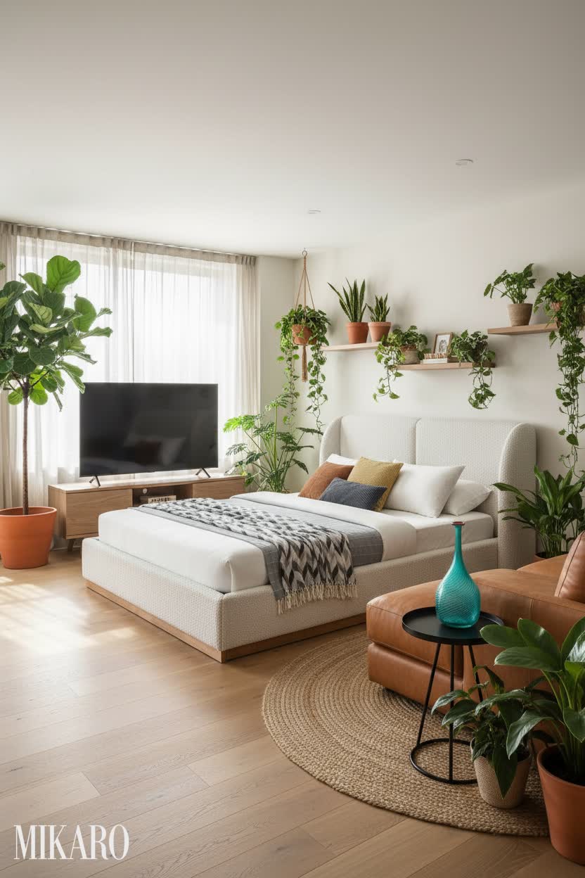 Urban Jungle Oasis: Luxury Boucle Bed & Leather Sectional for Modern Living