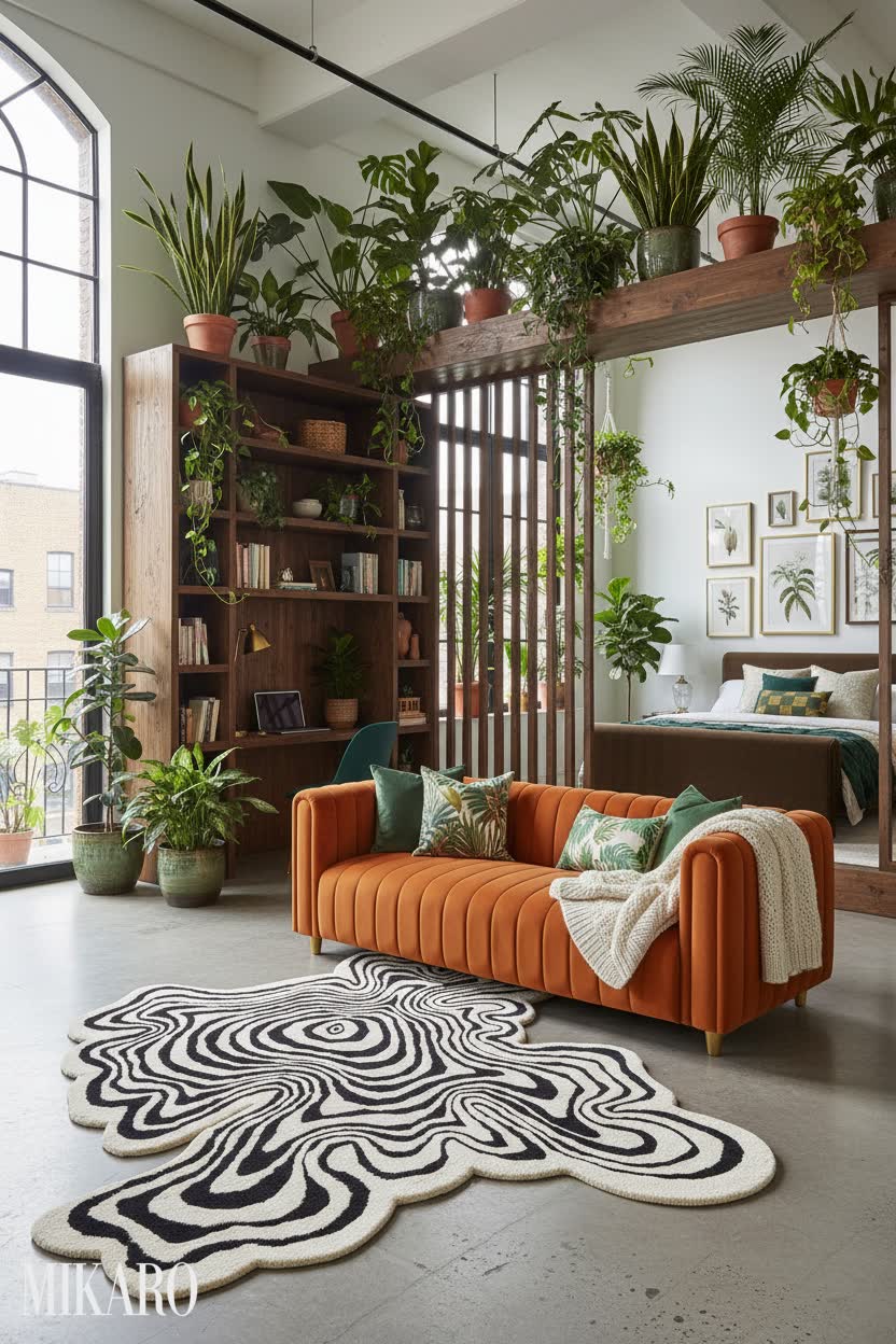 Urban Jungle Open Plan Living: Orange Velvet Sofa, Irregular Rug & Plant-Filled Micro-Living