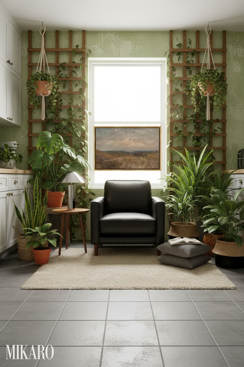 Urban Jungle: Serene Meditation Corner in a Functional Kitchen