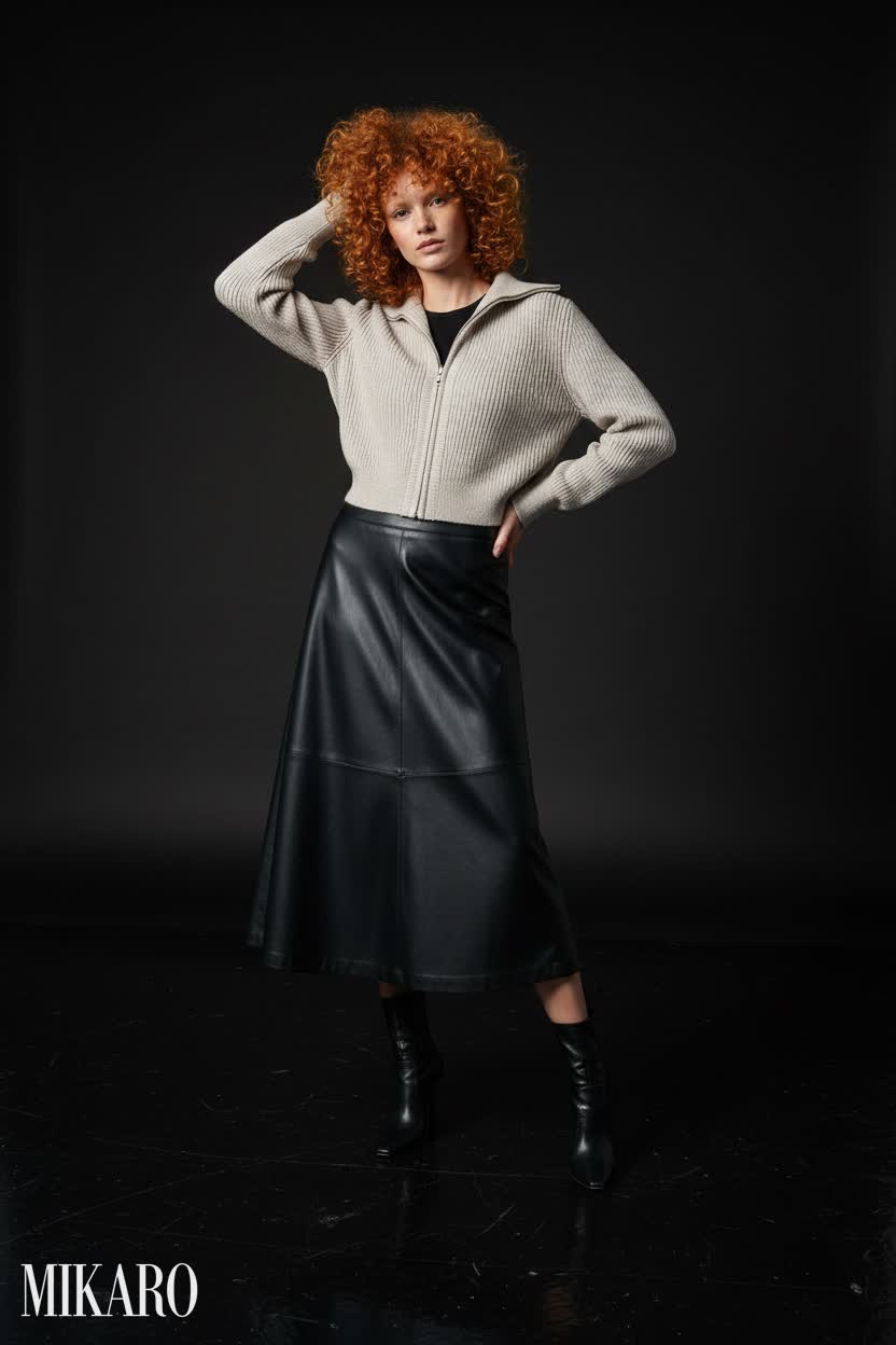 Vegan Leather Midi Skirt and Knit Jacket Ensemble