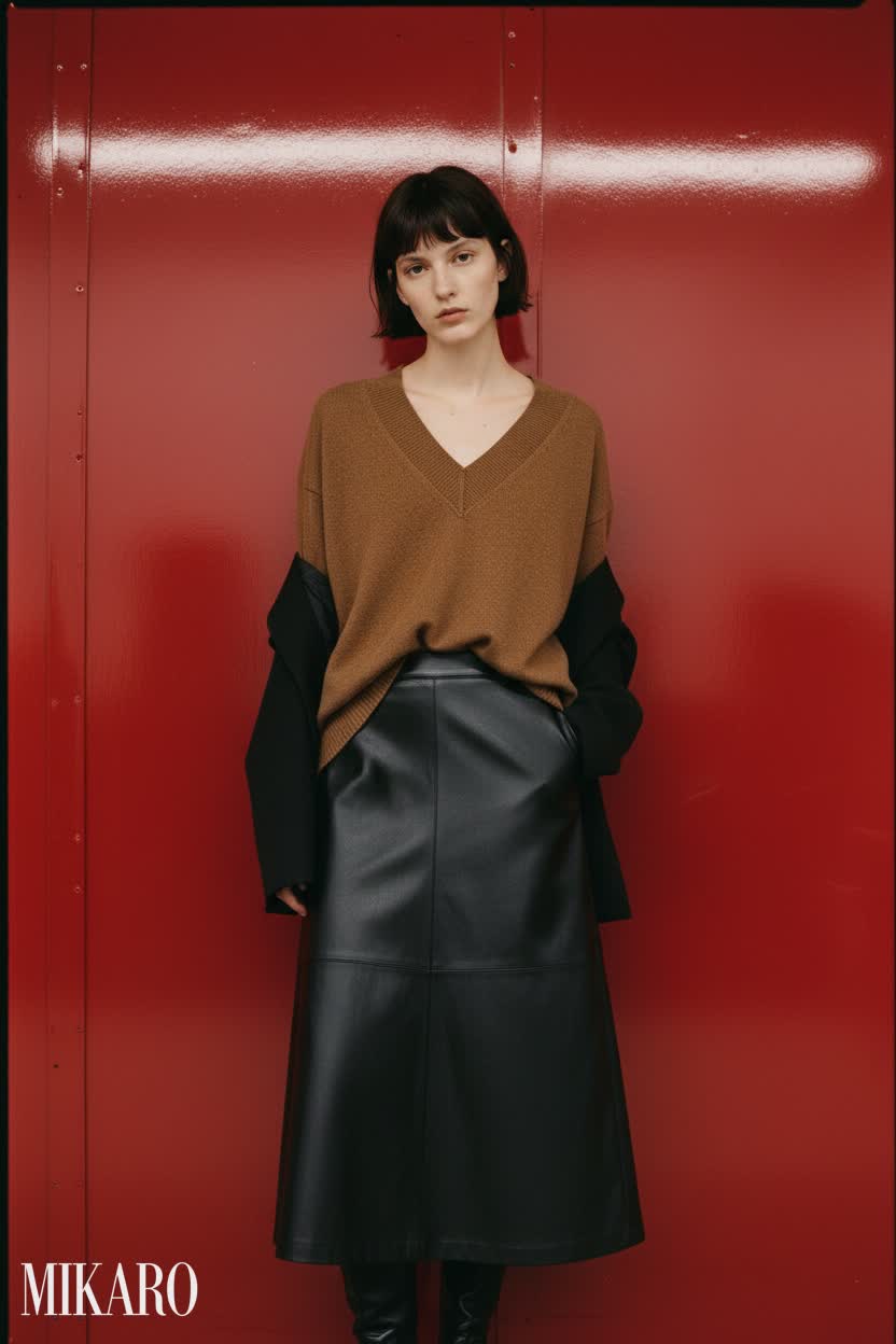 Vegan Leather Midi Skirt with V-Neck Tunic