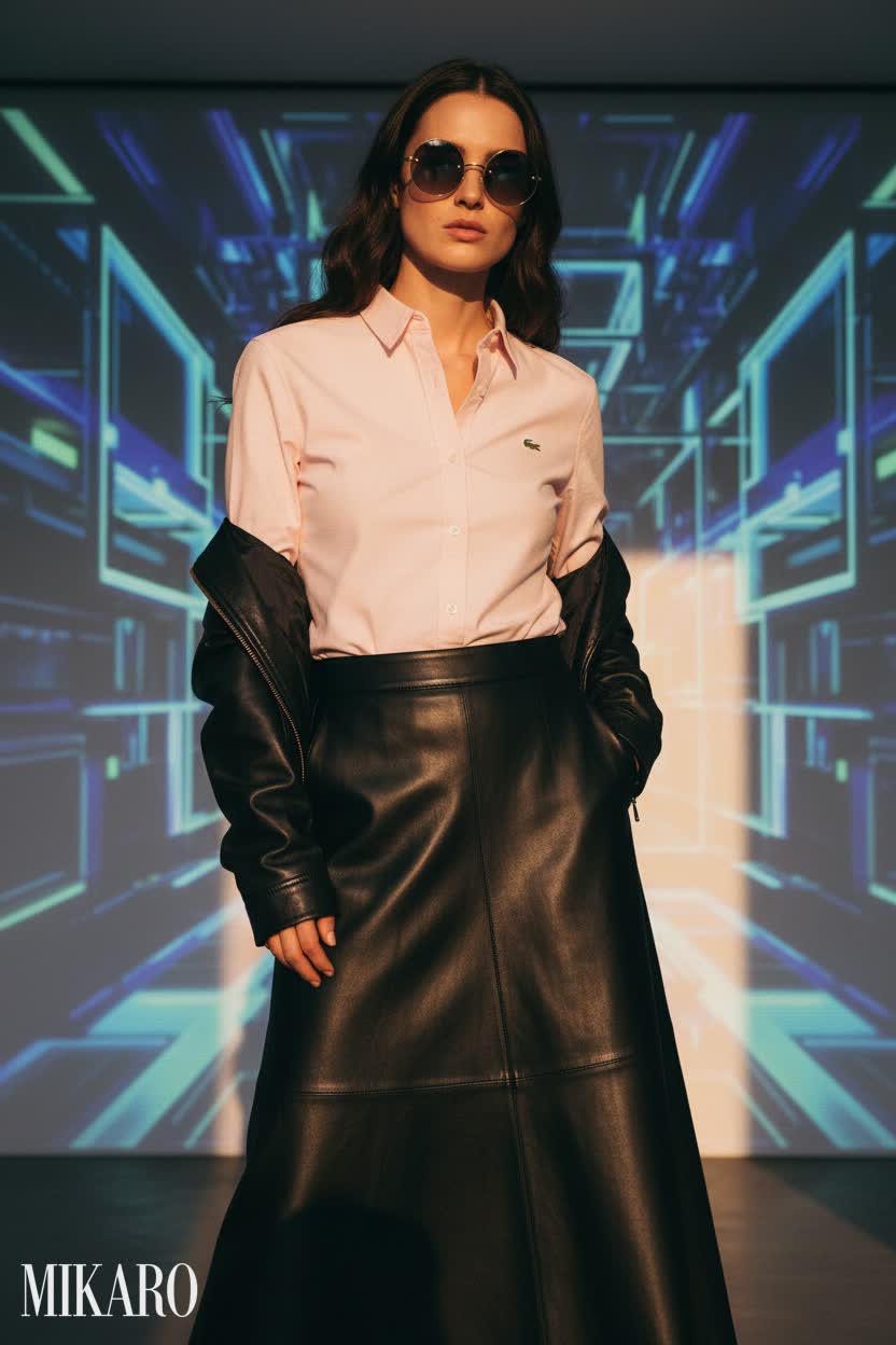 Vegan Leather Skirt & Pink Oxford Shirt Ensemble