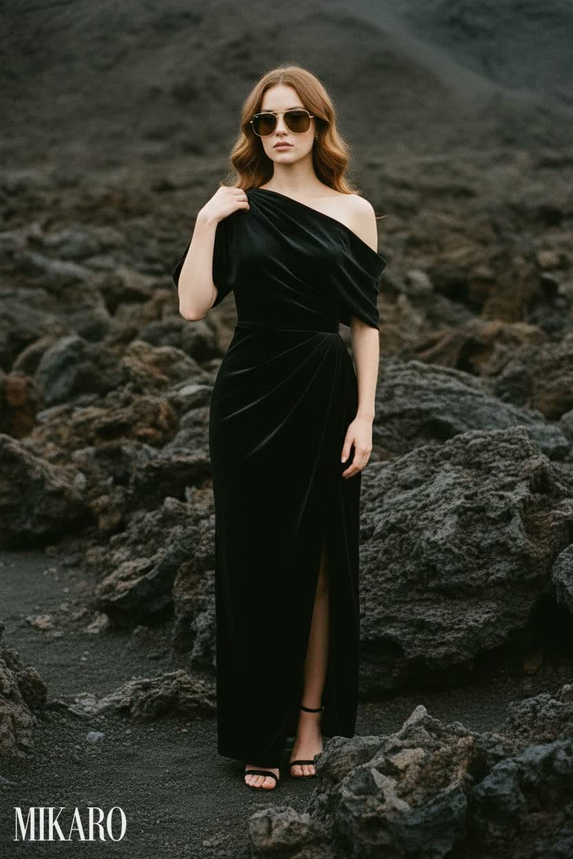 Velvet Elegance: One-Shoulder Dress & Ray-Ban Sunglasses
