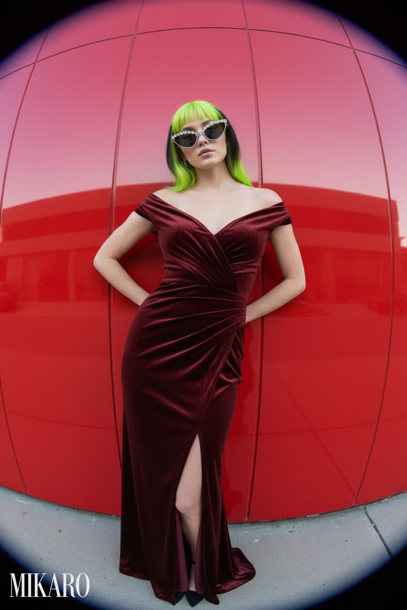 Velvet Gown & Crystal Cat-Eye Sunglasses Ensemble