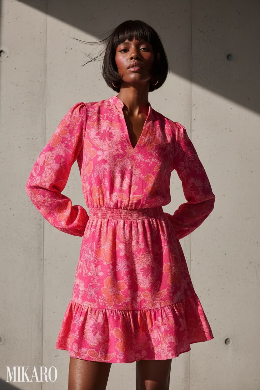 Model with jellyfish haircut wearing vibrant floral Lilly Pulitzer dress