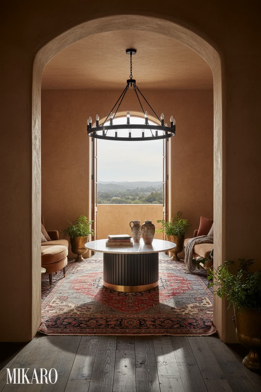 Vintage Balcony: Organic Plaster & Luxe Textures in a Flash-Lit Setting