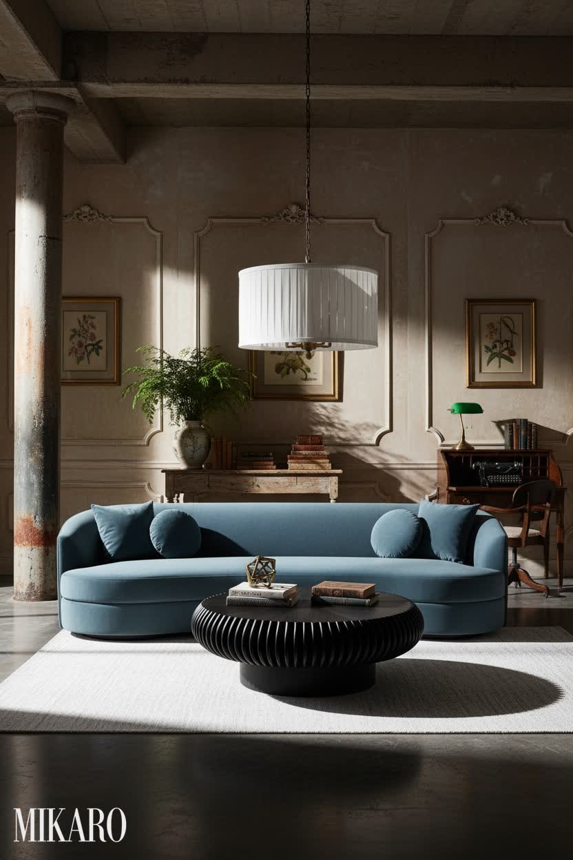 Vintage Cloffice: Mid-Century Modern Loft with Luxe Furniture & Dramatic Lighting