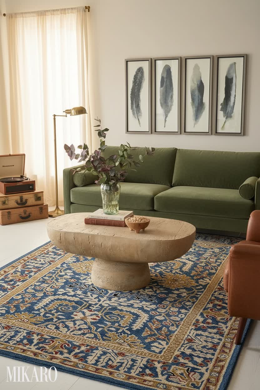 Vintage Elegance: Oval Coffee Table, Feathered Wall Art & Persian Rug Living Room