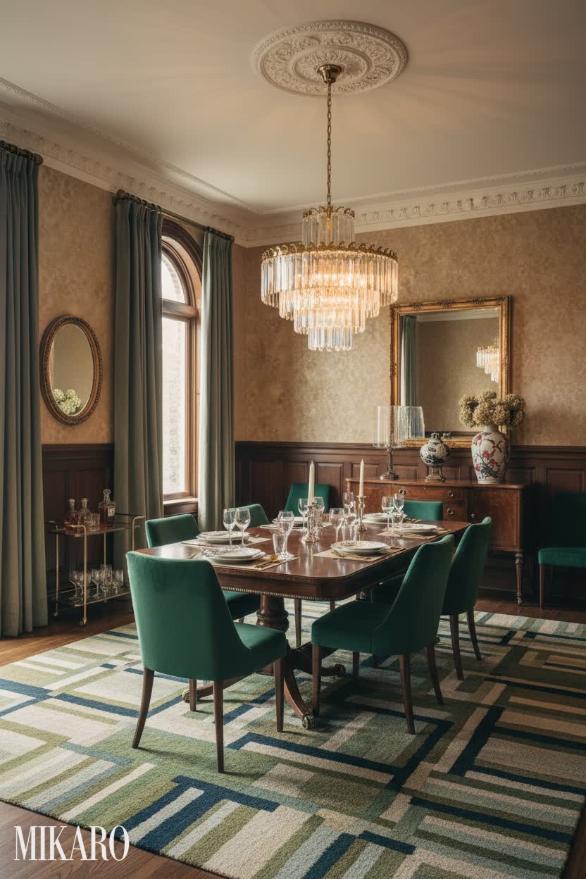 Vintage Glam Dining: Geometric Rug, Crystal Chandelier & Cherry Blossom Vase Decor