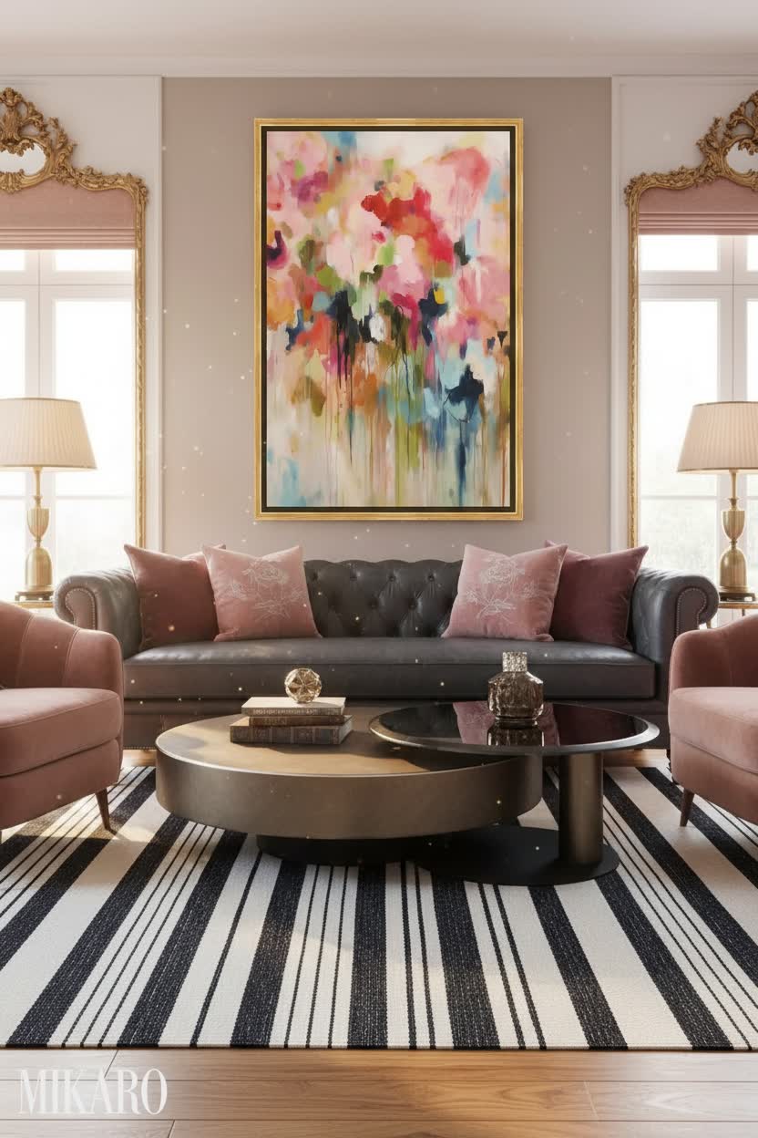 Vintage Glam Living Room: Guernsey Coffee Table, Dash & Albert Rug & Pastel Floral Art