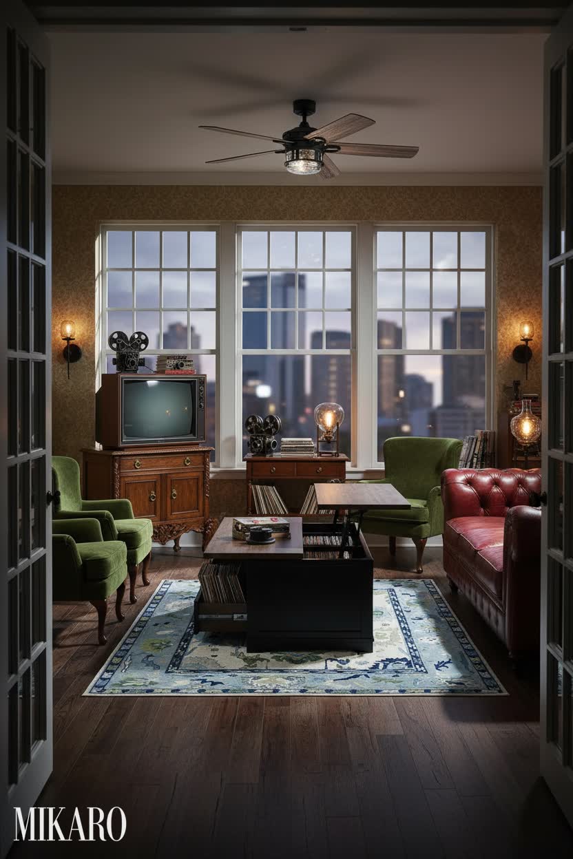 Vintage Media Room: Timeless Elegance with a City View