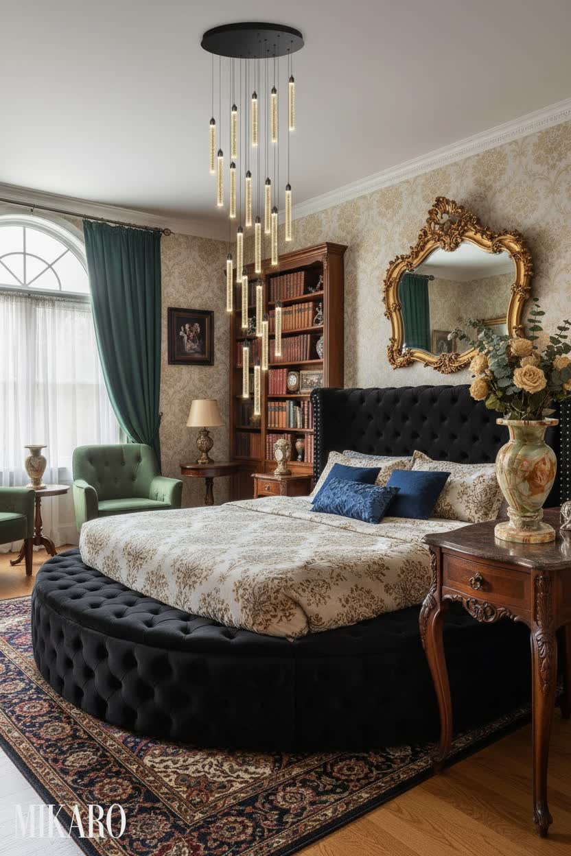 Vintage Opulence: Black Velvet Round Bed & Chandelier in a Luxurious Bedroom