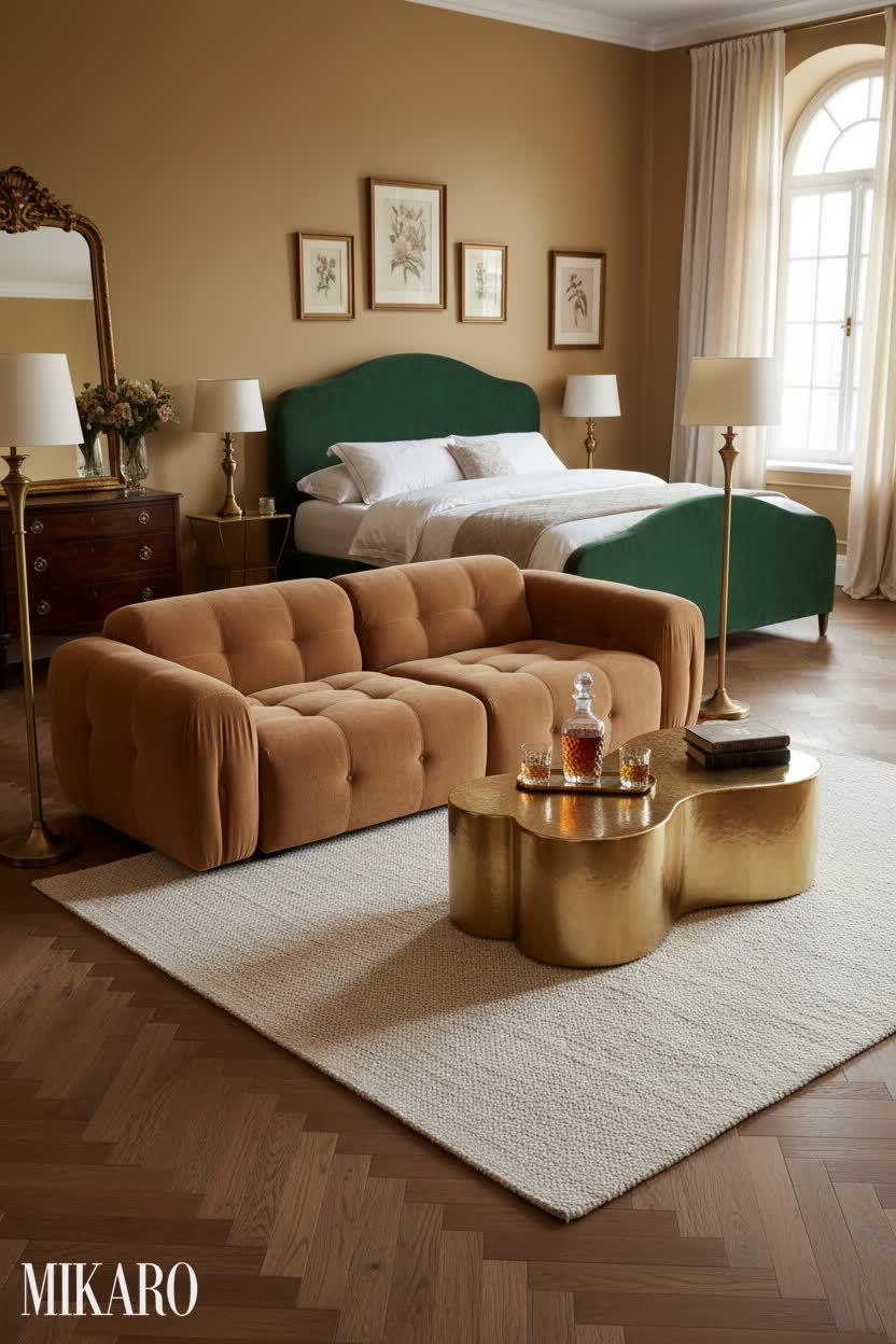 Vintage Opulence: Boucle Sofa & Gold Coffee Table in a Chic Living Room Setting