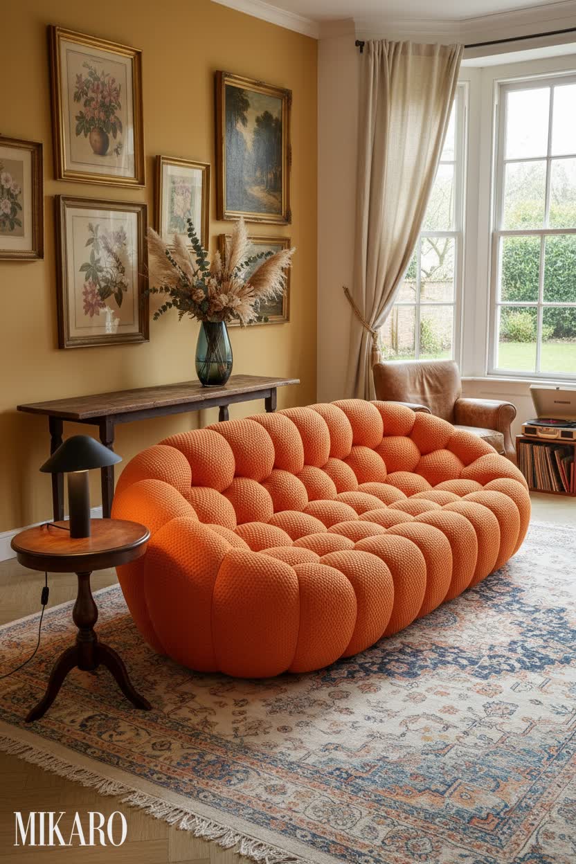 Vintage: Orange Bubble Couch & Amber Accents Living Room
