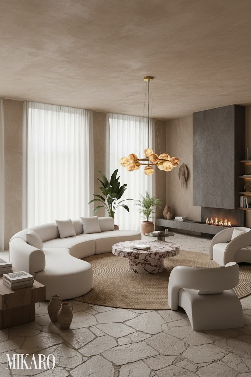 Wabi-Sabi: Alabaster Glow & Red Marble Textures for Living Room