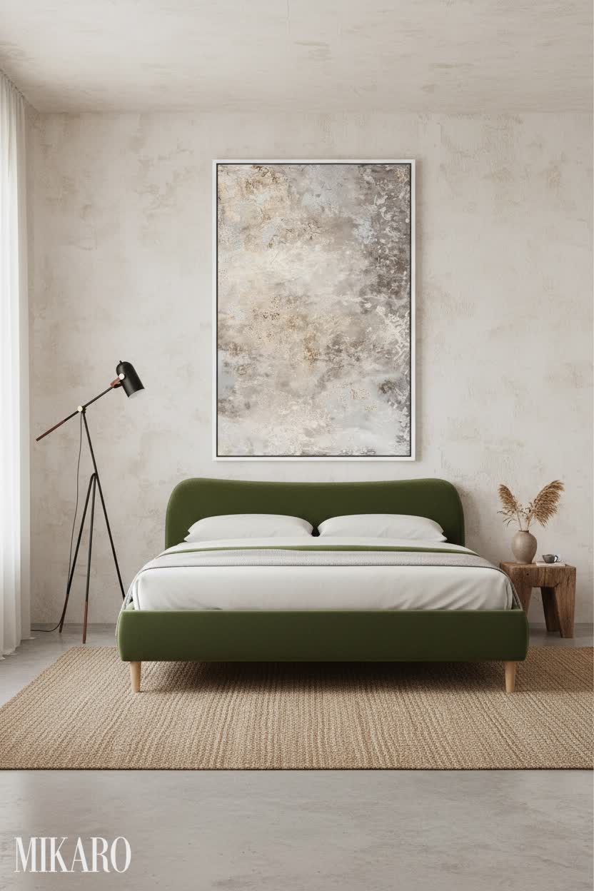 Wabi-Sabi Bedroom Sanctuary: Curved Velvet Bed, Abstract Art & Designer Lamp