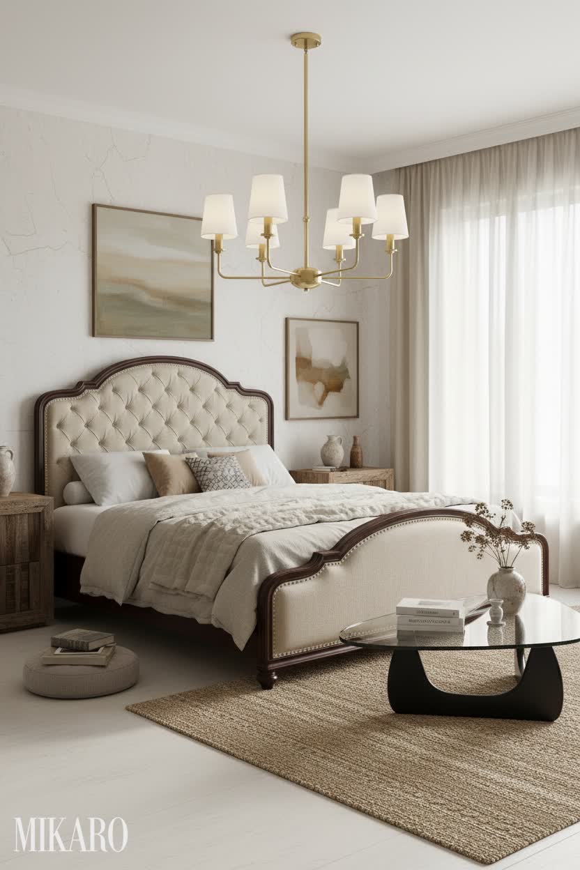 Wabi-Sabi Bedroom Sanctuary: Gold Chandelier, Tufted Bed & Modern Glass Table