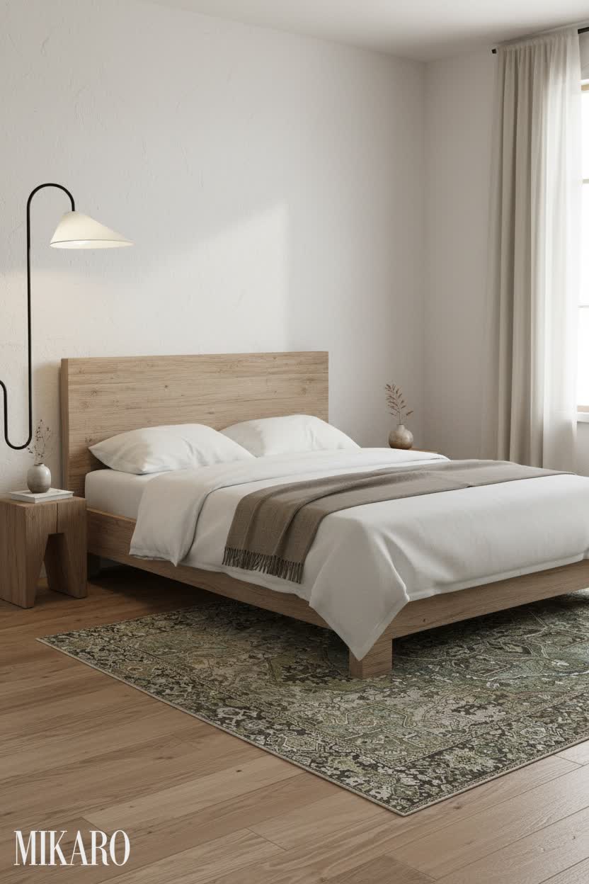 Wabi-Sabi Bedroom Sanctuary: Rustic Bed, Medallion Rug & Minimalist Lamp for Serene Living