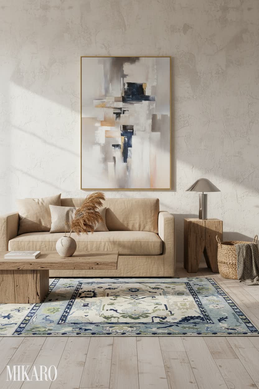 Wabi-Sabi Den: Serene Interior with Abstract Art and Mushroom Lamp