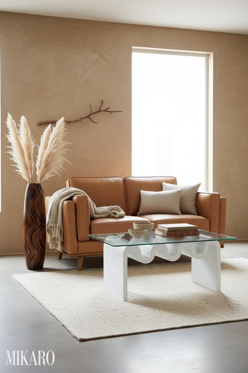 Wabi-Sabi Living Room: Cognac Leather & Natural Textures
