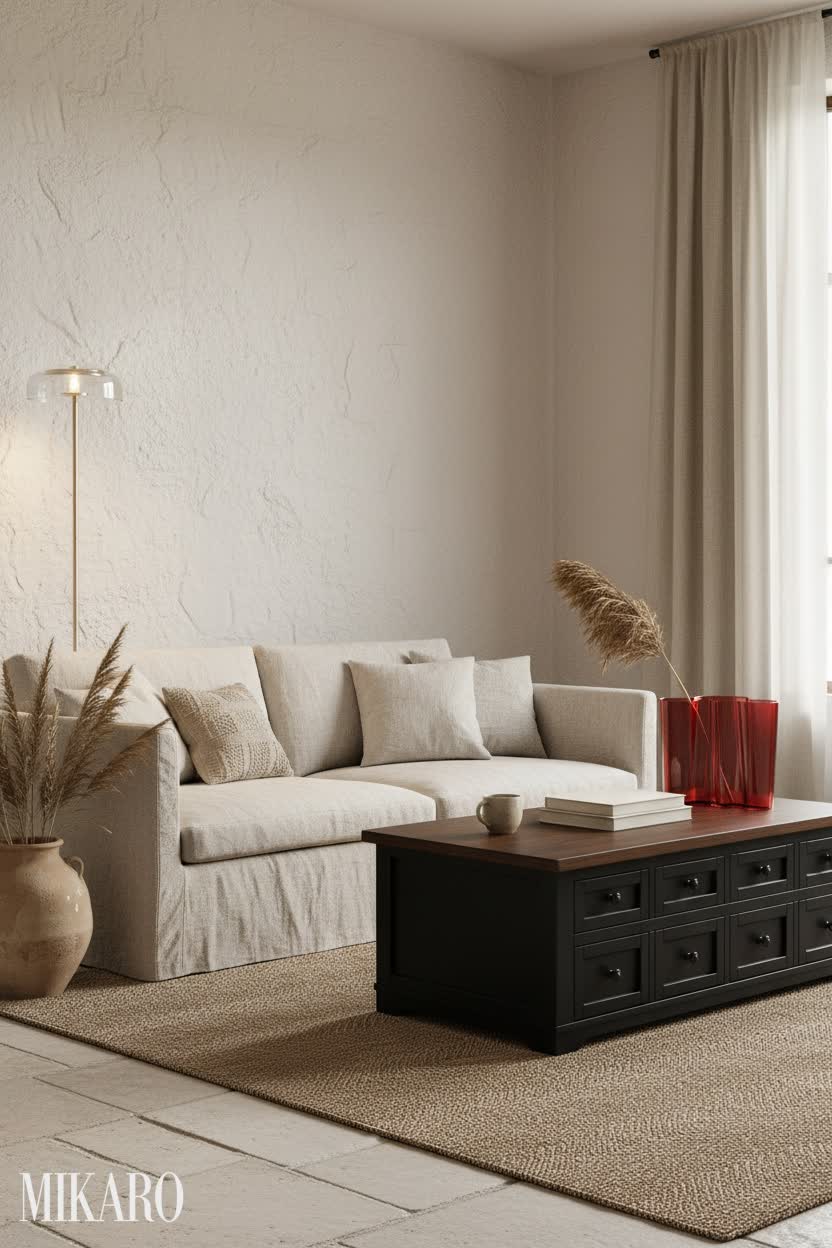 Wabi-Sabi Living Room: Serene Minimalism with Iconic Designs & Rustic Charm